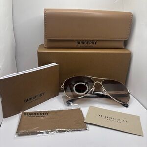Burberry BE 3080 114513 Light Gold Metal Aviator Sunglasses Brown Gradient Lens